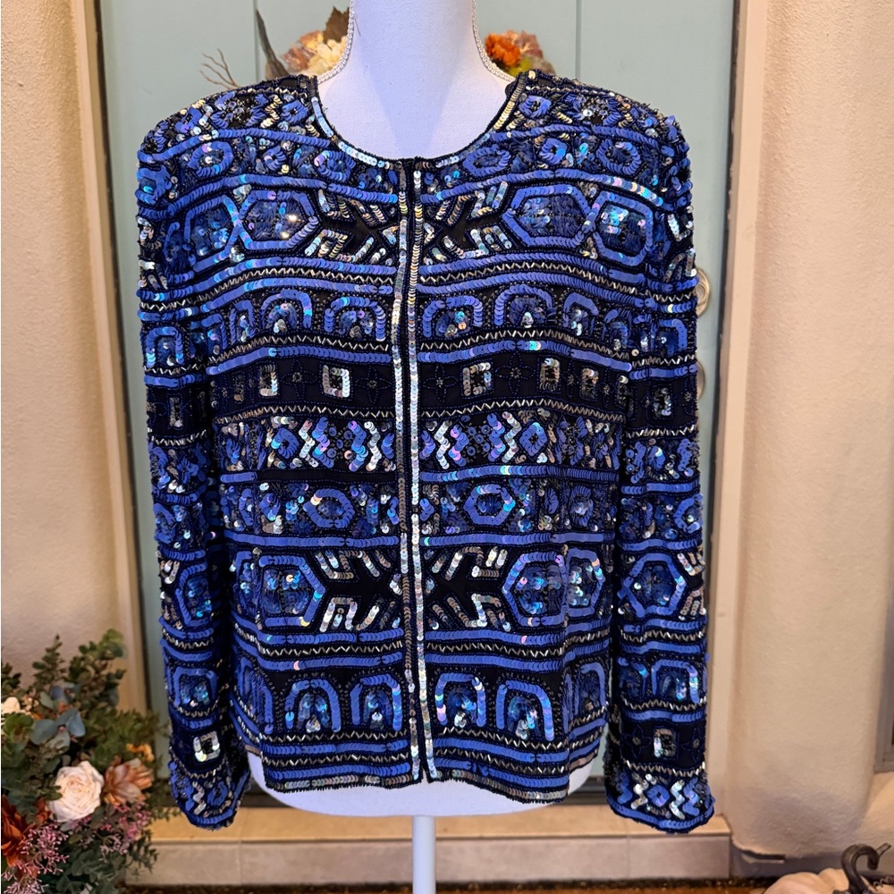 Silk Papell Boutique Midnight Blue and Black Sequin Blazer